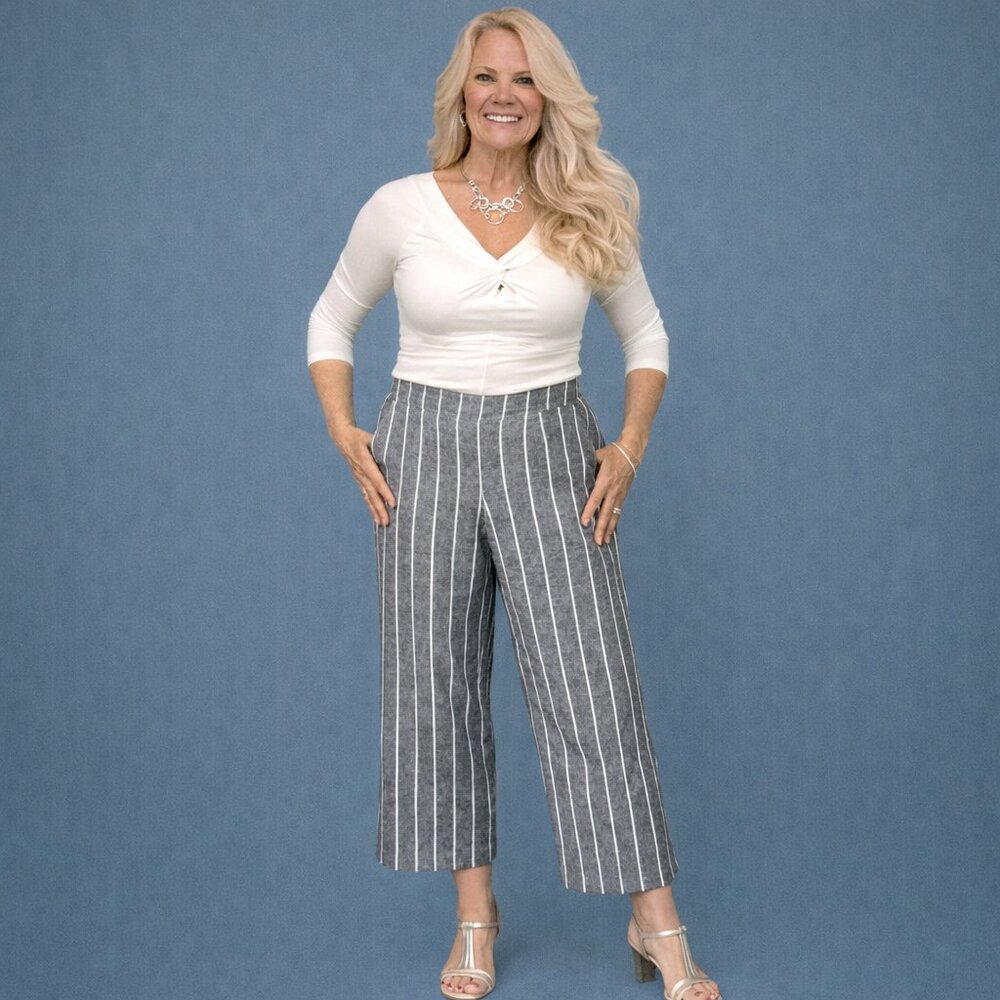 Wide Leg Pants | Grey/Cream Stripe Linen